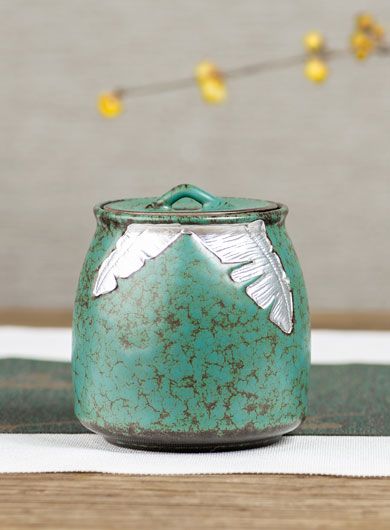 Boîte à thé en poterie argentée peinte à la main